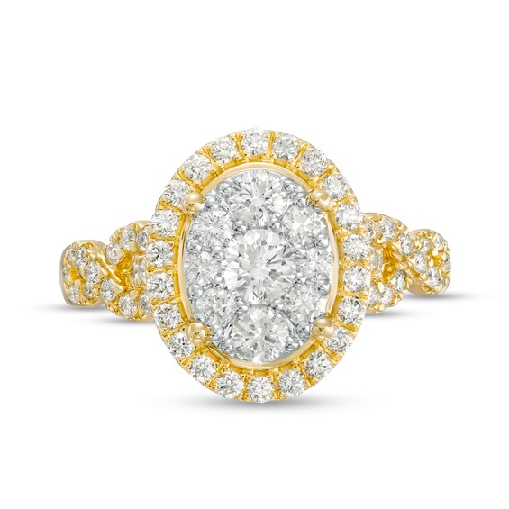 1 CT. T.w. Oval-Shaped Multi-Diamond Frame Twist Shank Engagement Ring in 14K Gold (I/I2)