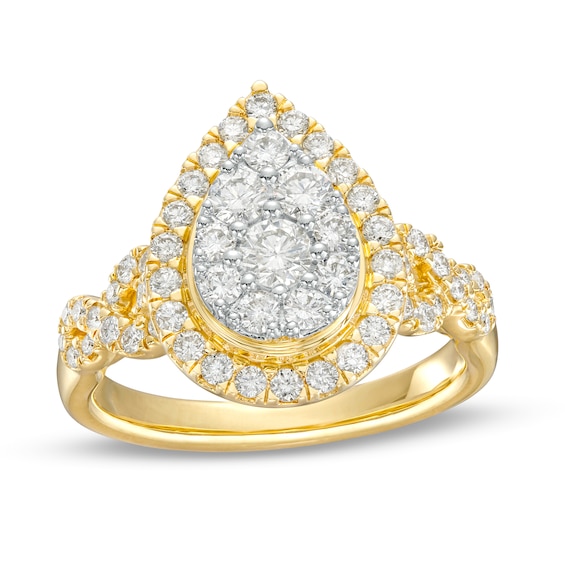 1 CT. T.w. Pear-Shaped Multi-Diamond Frame Twist Shank Engagement Ring in 14K Gold (I/I2)
