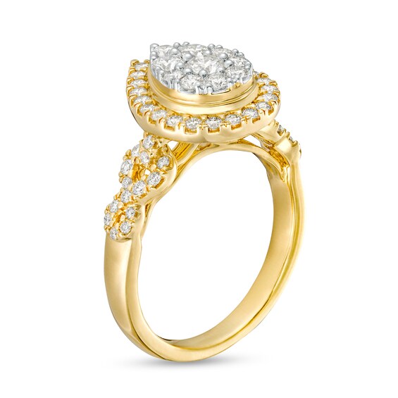 1 CT. T.w. Pear-Shaped Multi-Diamond Frame Twist Shank Engagement Ring in 14K Gold (I/I2)