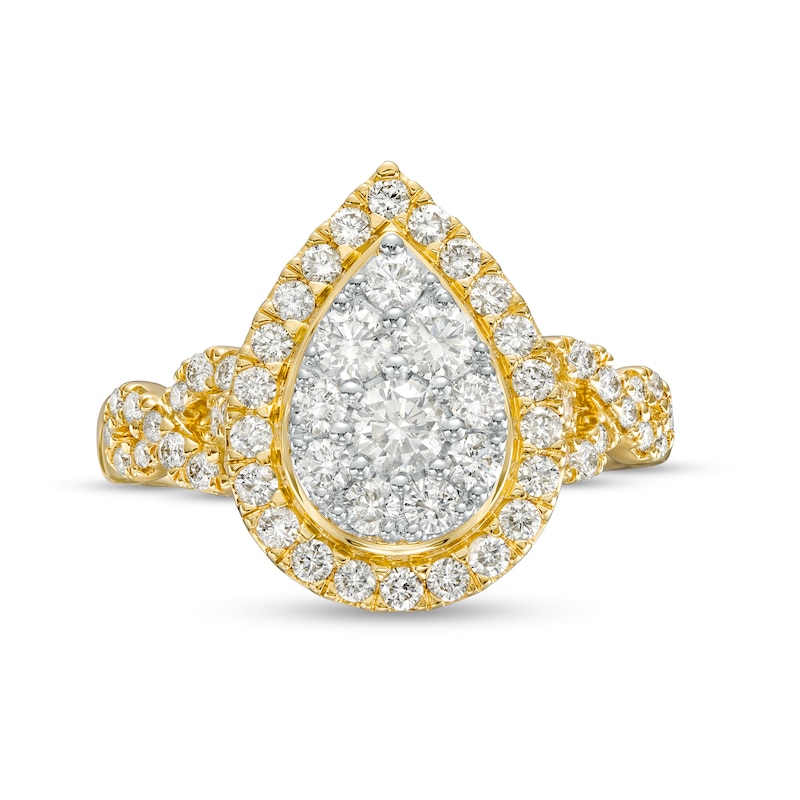 Main Image 4 of 1 CT. T.W. Pear-Shaped Multi-Diamond Frame Twist Shank Engagement Ring in 14K Gold (I/I2)