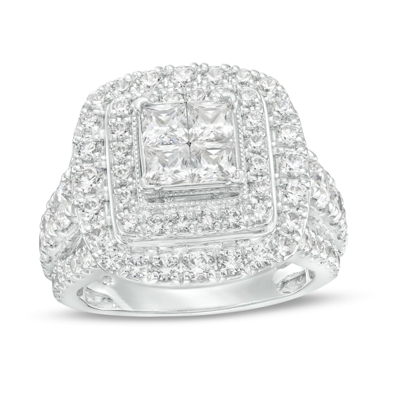3 CT. T.w. Quad Princess-Cut Diamond Double Frame Engagement Ring in 14K White Gold (I/I2)