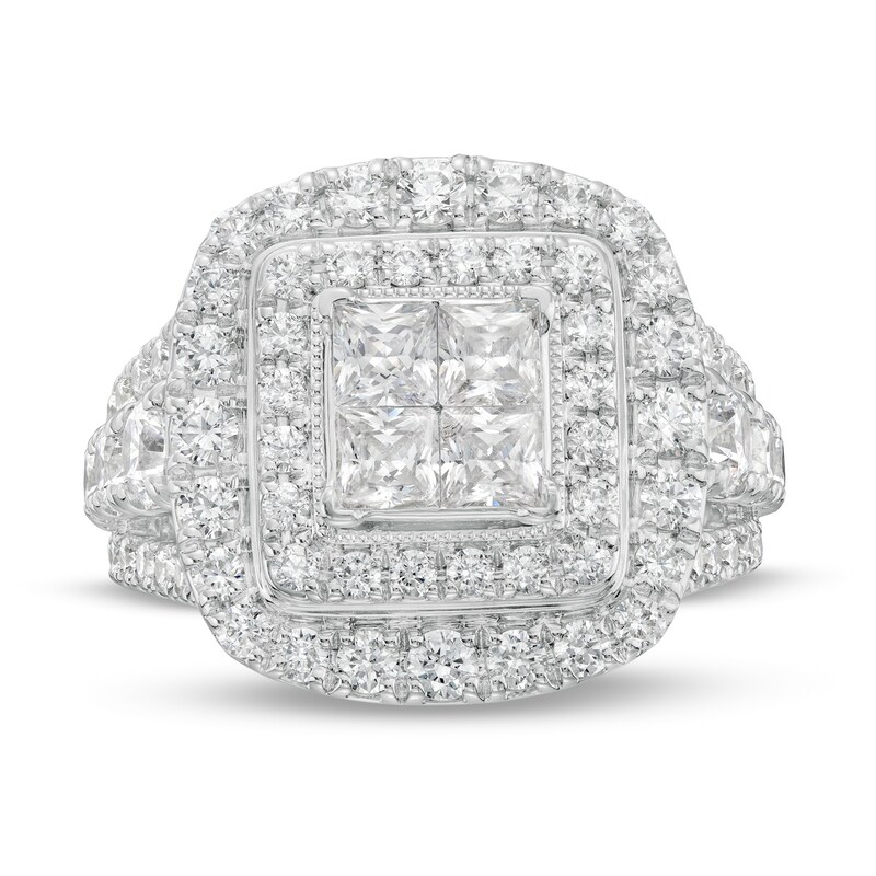 Main Image 4 of 3 CT. T.W. Quad Princess-Cut Diamond Double Frame Engagement Ring in 14K White Gold (I/I2)