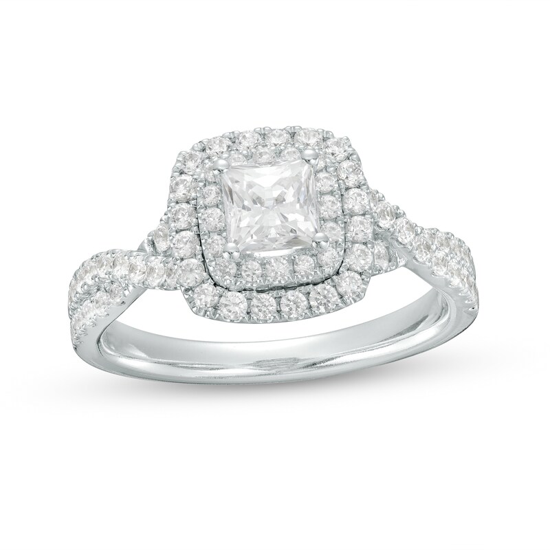 Main Image 1 of Celebration Ideal 1-1/4 CT. T.W. Princess-Cut Diamond Double Frame Twist Shank Engagement Ring in 14K White Gold (I/I1)
