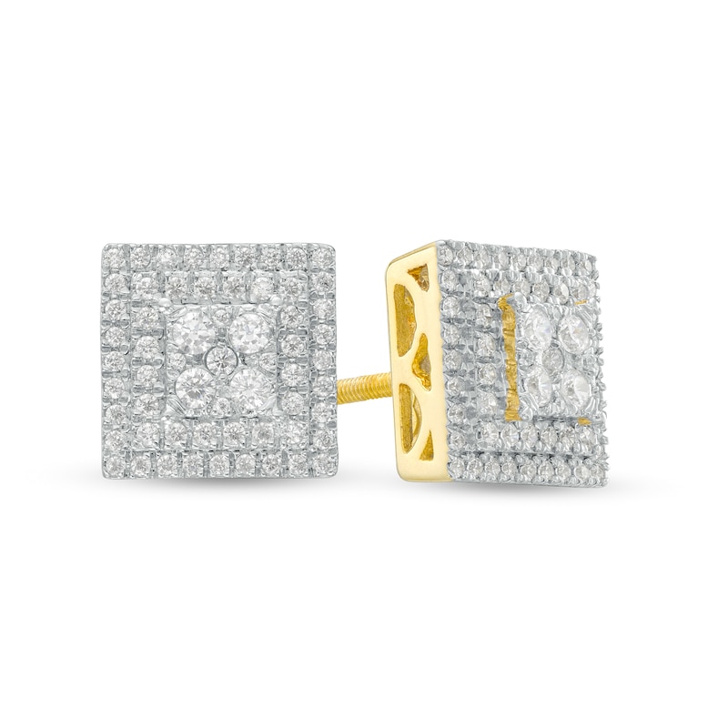 Main Image 1 of Men's 3/4 CT. T.W. Square-Shaped Multi-Diamond Double Frame Stud Earrings in 10K Gold