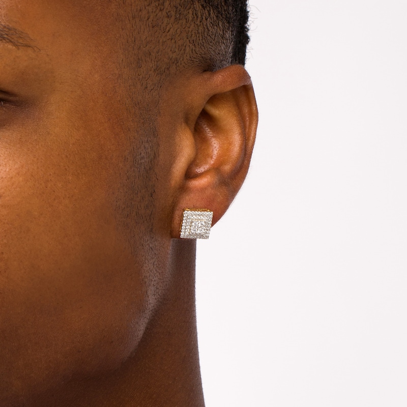 Main Image 2 of Men's 3/4 CT. T.W. Square-Shaped Multi-Diamond Double Frame Stud Earrings in 10K Gold