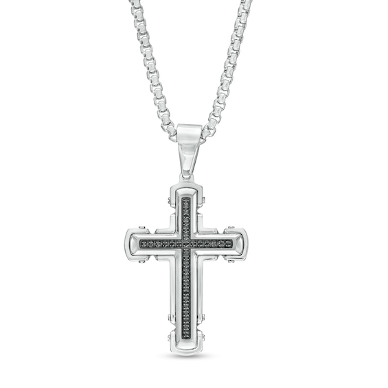 Men's 1/4 CT. T.w. Black Diamond Cross Pendant in Stainless Steel with Black Ion-Plate – 24"