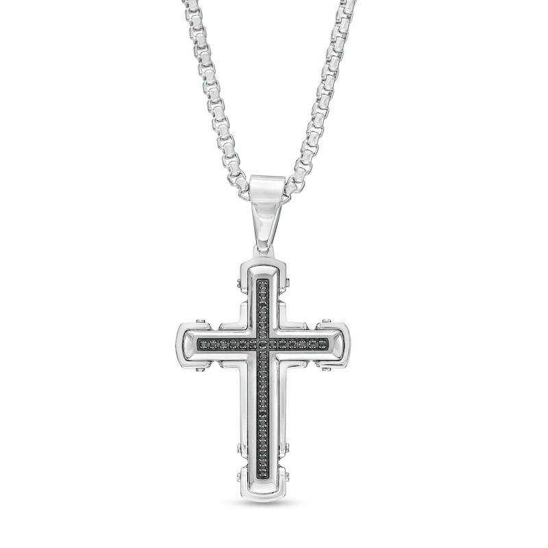 Main Image 1 of Men's 1/4 CT. T.W. Black Diamond Cross Pendant in Stainless Steel with Black Ion-Plate – 24"