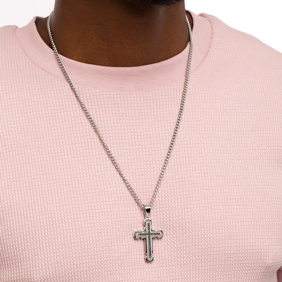 Men's 1/4 CT. T.w. Black Diamond Cross Pendant in Stainless Steel with Black Ion-Plate â 24"