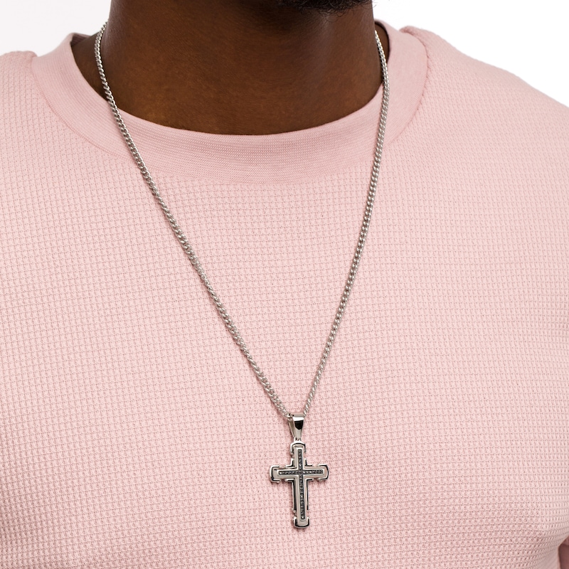Main Image 2 of Men's 1/4 CT. T.W. Black Diamond Cross Pendant in Stainless Steel with Black Ion-Plate – 24"