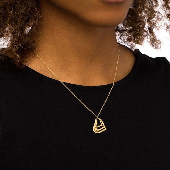 Cut-Out "Hope Love and Faith" Triple Layered Tilted Heart Outline Pendant in 14K Gold