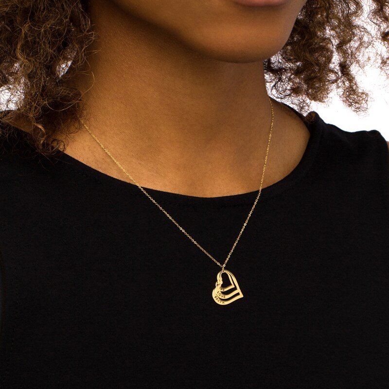 Main Image 2 of Cut-Out "Hope, Love and Faith" Triple Layered Tilted Heart Outline Pendant in 14K Gold