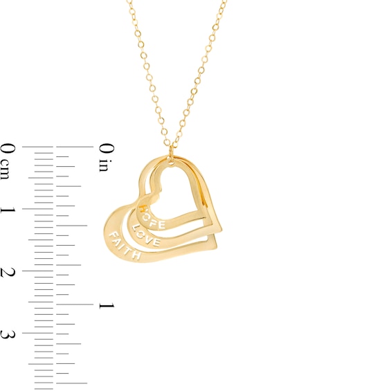 Cut-Out "Hope Love and Faith" Triple Layered Tilted Heart Outline Pendant in 14K Gold
