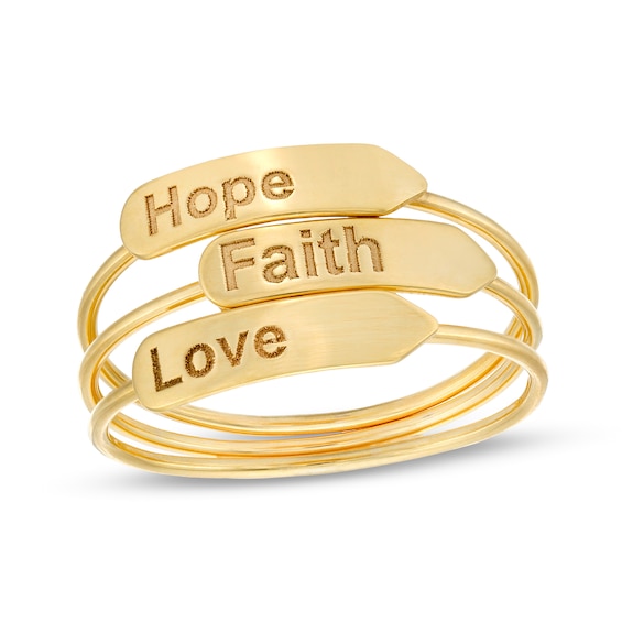 Etched "Hope Love and Faith" Three Piece Stackable Ring Set in 14K Gold - Size 7