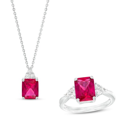 Emerald-Cut Lab-Created Ruby and White Lab-Created Sapphire Trio Pendant and Ring Set in Sterling Silver â Size 7