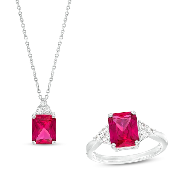 Main Image 1 of Emerald-Cut Lab-Created Ruby and White Lab-Created Sapphire Trio Pendant and Ring Set in Sterling Silver – Size 7