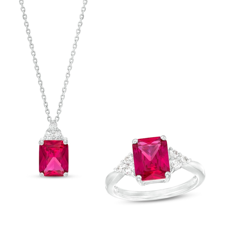 Emerald-Cut Lab-Created Ruby and White Lab-Created Sapphire Trio Pendant and Ring Set in Sterling Silver – Size 7