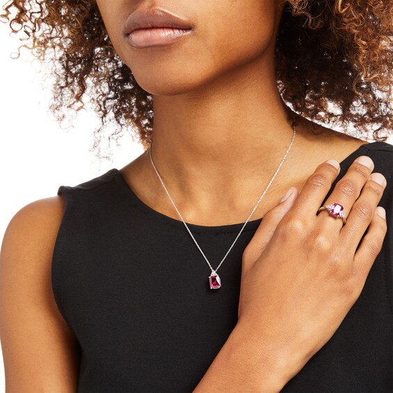 Emerald-Cut Lab-Created Ruby and White Lab-Created Sapphire Trio Pendant and Ring Set in Sterling Silver â Size 7