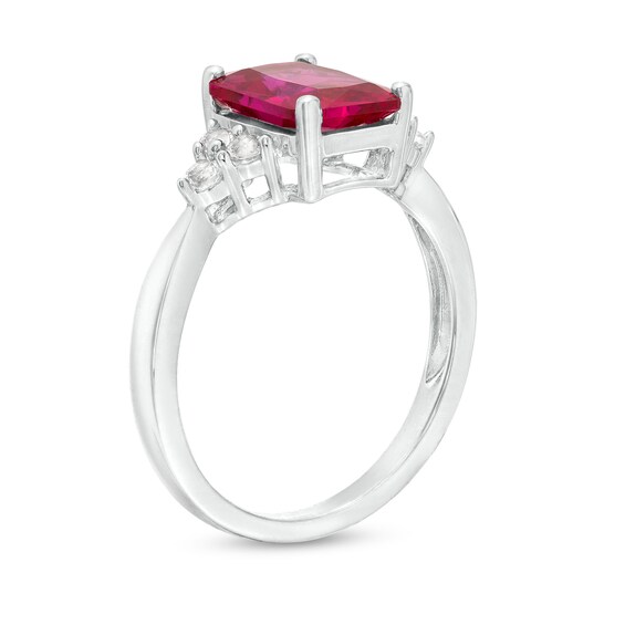 Emerald-Cut Lab-Created Ruby and White Lab-Created Sapphire Trio Pendant and Ring Set in Sterling Silver â Size 7