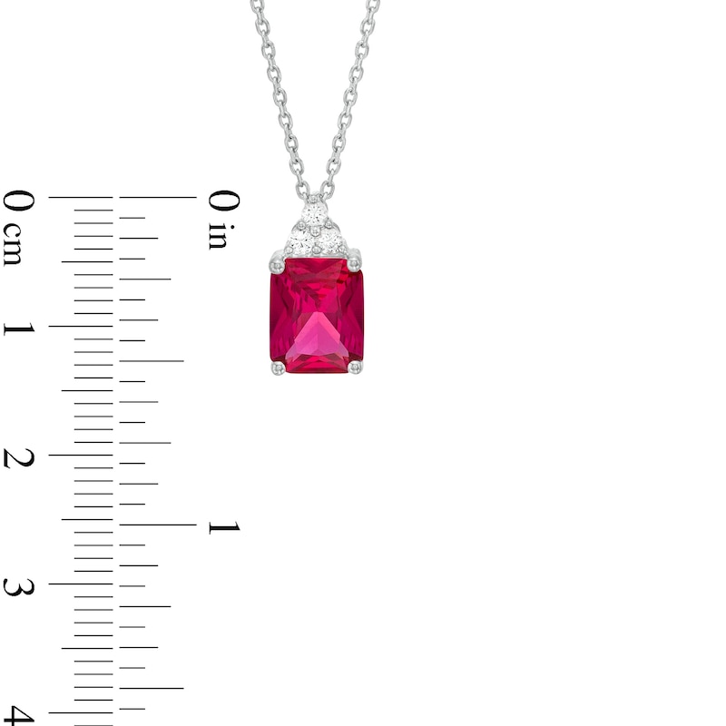 Emerald-Cut Lab-Created Ruby and White Lab-Created Sapphire Trio Pendant and Ring Set in Sterling Silver – Size 7