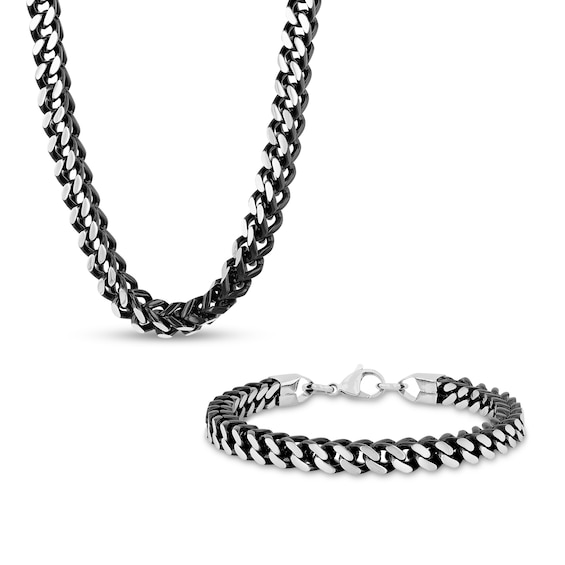 6.0mm Franco Snake Chain Necklace and Bracelet Set in Solid Stainless Steel and Black Ion-Plate - 24"