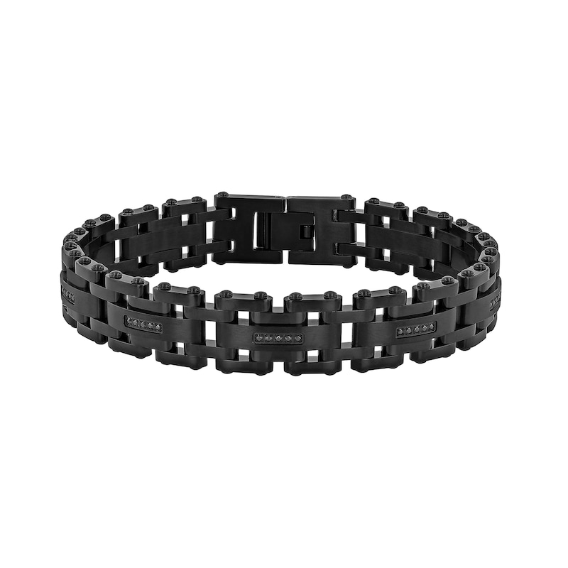 Main Image 1 of Men's 1/6 CT. T.W. Black Diamond Staggered Link Bracelet in Stainless Steel with Black Ion-Plate - 8.5"