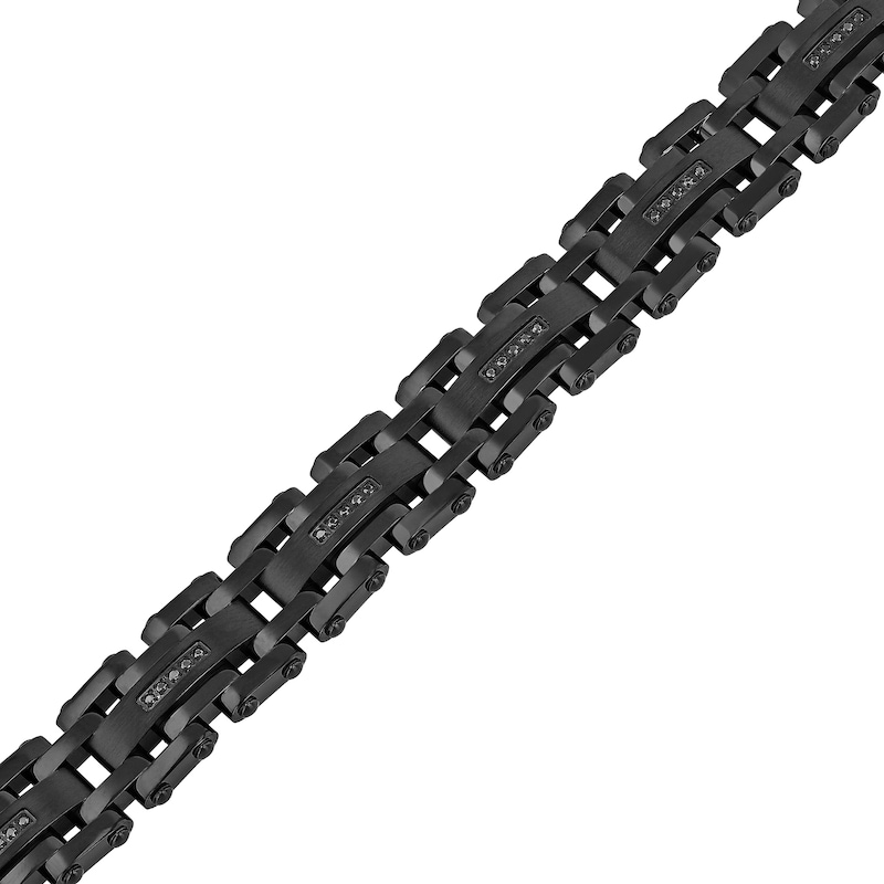 Main Image 2 of Men's 1/6 CT. T.W. Black Diamond Staggered Link Bracelet in Stainless Steel with Black Ion-Plate - 8.5"