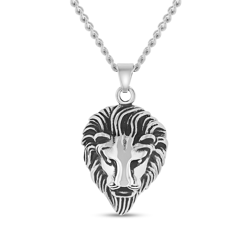 Main Image 1 of Men's Antique-Finish Lion Head Drop Pendant in Stainless Steel and Black Ion-Plate - 24"