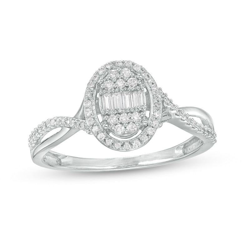 Main Image 1 of 1/4 CT. T.W. Oval-Shaped Multi-Diamond Frame Twist Shank Ring in 10K White Gold