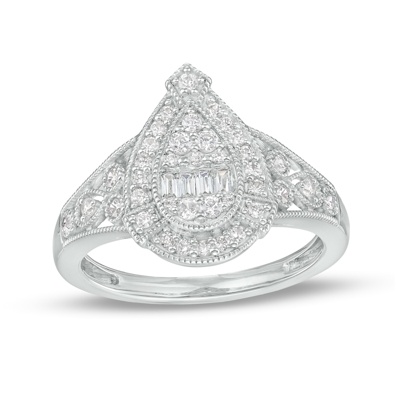 Main Image 1 of Marilyn Monroe™ Collection 3/8 CT. T.W. Pear-Shaped Multi-Diamond Frame Art Deco Vintage-Style Ring in 10K White Gold