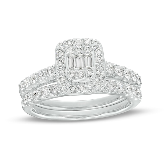 1 CT. T.w. Emerald-Shaped Multi-Diamond Frame Bridal Set in 14K White Gold