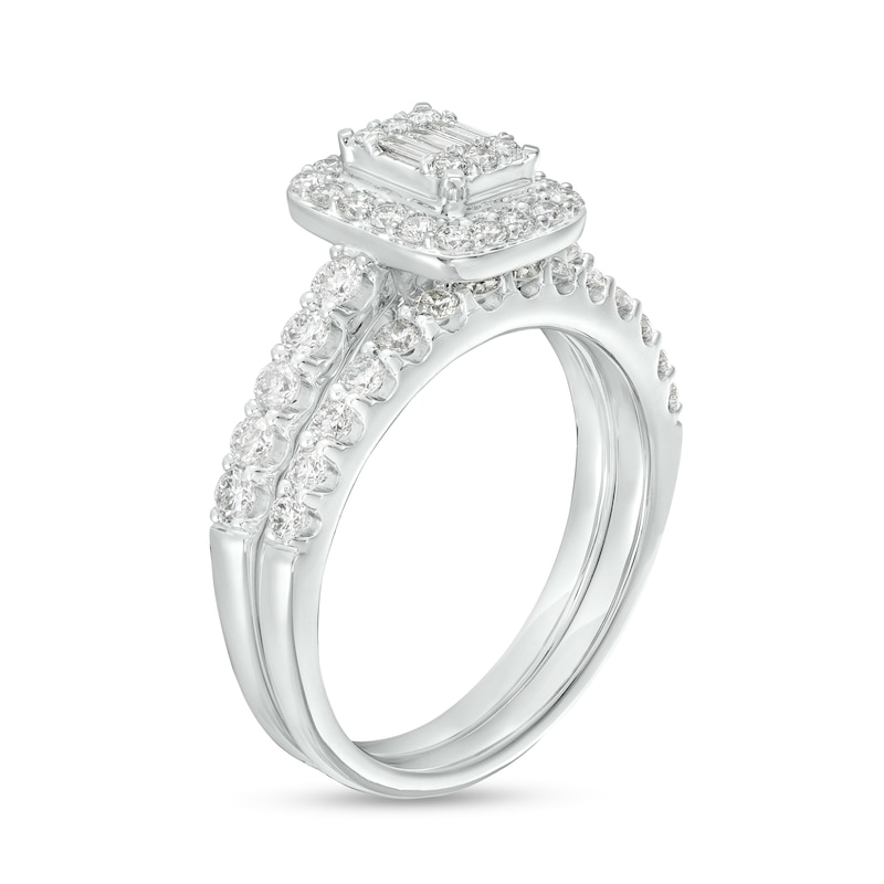 1 CT. T.W. Emerald-Shaped Multi-Diamond Frame Bridal Set in 14K White Gold