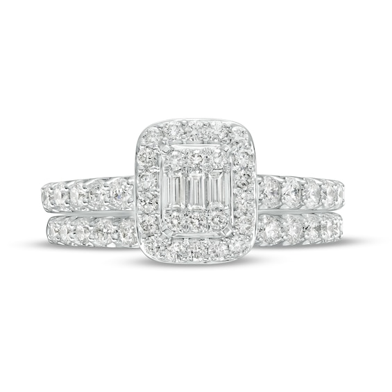 1 CT. T.w. Emerald-Shaped Multi-Diamond Frame Bridal Set in 14K White Gold