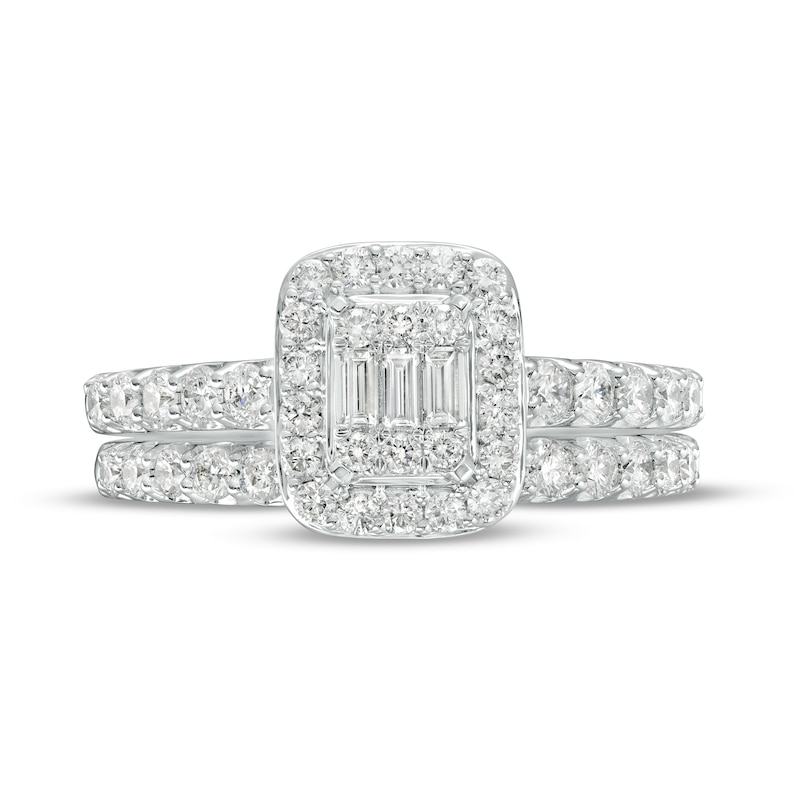 1 CT. T.W. Emerald-Shaped Multi-Diamond Frame Bridal Set in 14K White Gold