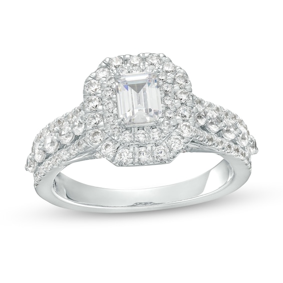 1-1/2 CT. T.w. Certified Emerald-Cut Lab-Grown Diamond Double Frame Engagement Ring in 14K White Gold (F/Vs2)