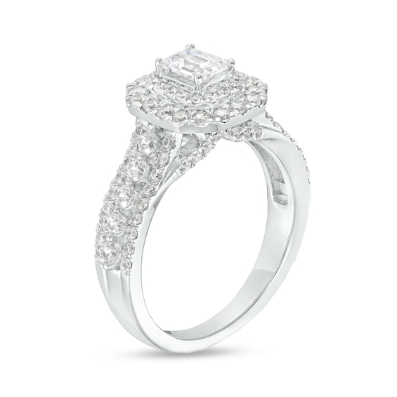 1-1/2 CT. T.w. Certified Emerald-Cut Lab-Grown Diamond Double Frame Engagement Ring in 14K White Gold (F/Vs2)