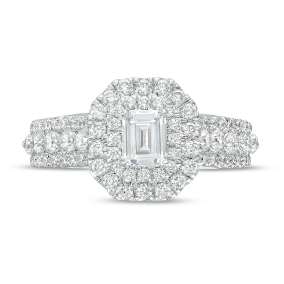 1-1/2 CT. T.w. Certified Emerald-Cut Lab-Grown Diamond Double Frame Engagement Ring in 14K White Gold (F/Vs2)
