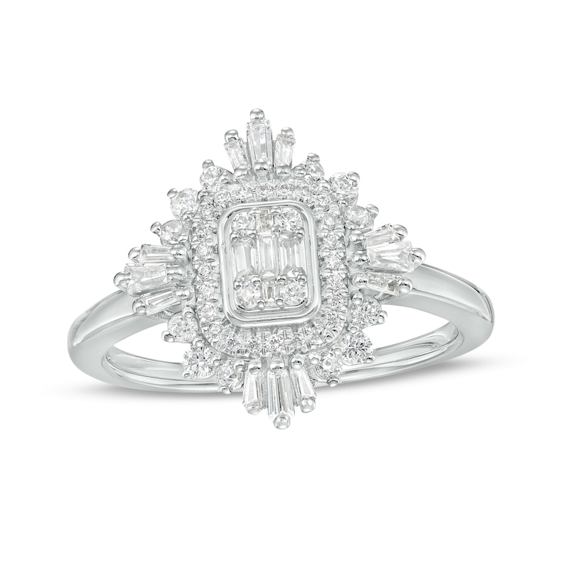 Main Image 1 of Marilyn Monroe™ Collection 1/2 CT. T.W. Elongated Cushion-Shaped Multi-Diamond Sunburst Frame Ring in 10K White Gold