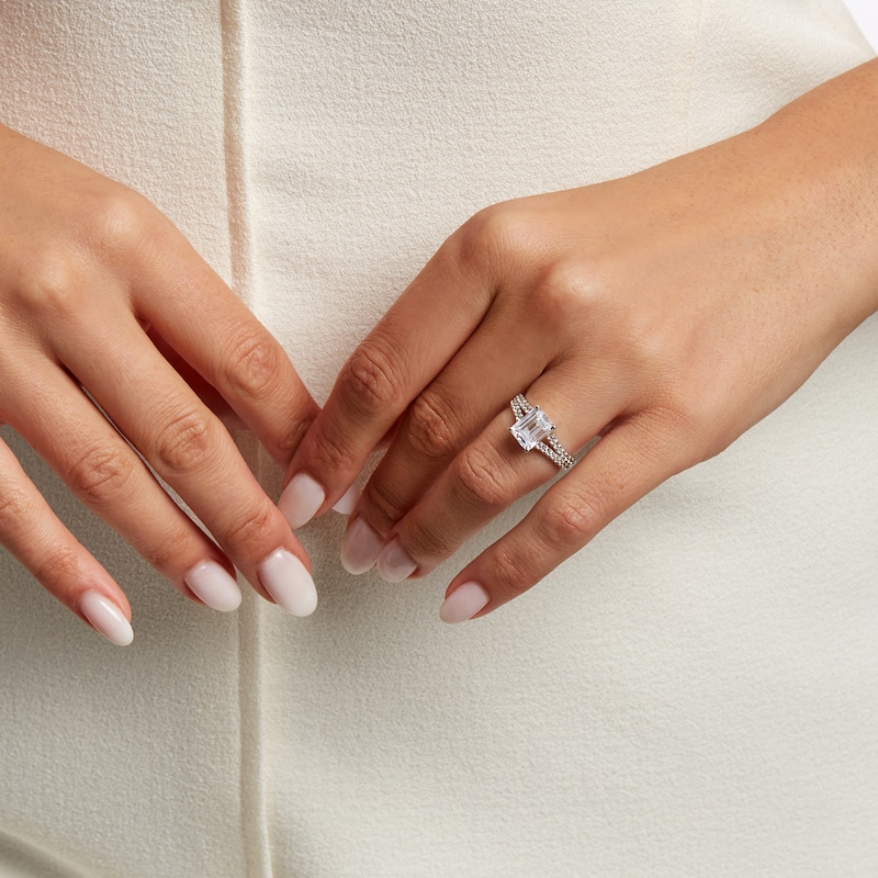 Main Image 2 of 3 CT. T.W. Certified Emerald-Cut Lab-Grown Diamond Split Shank Engagement Ring in 14K White Gold (F/VS2)