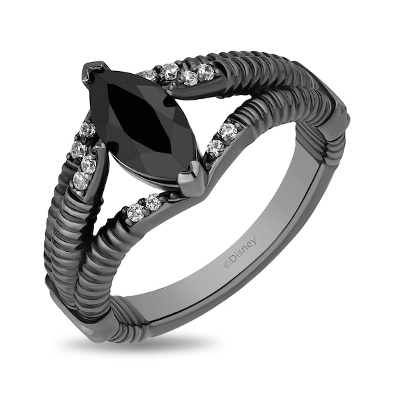 Enchanted Disney Villains Maleficent Marquise Onyx and 1/10 CT. T.w. Diamond Ring in Sterling Silver with Black Rhodium