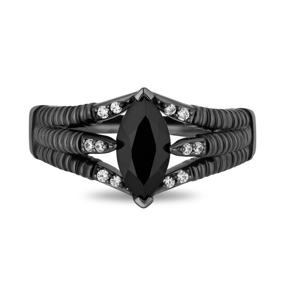 Enchanted Disney Villains Maleficent Marquise Onyx and 1/10 CT. T.w. Diamond Ring in Sterling Silver with Black Rhodium