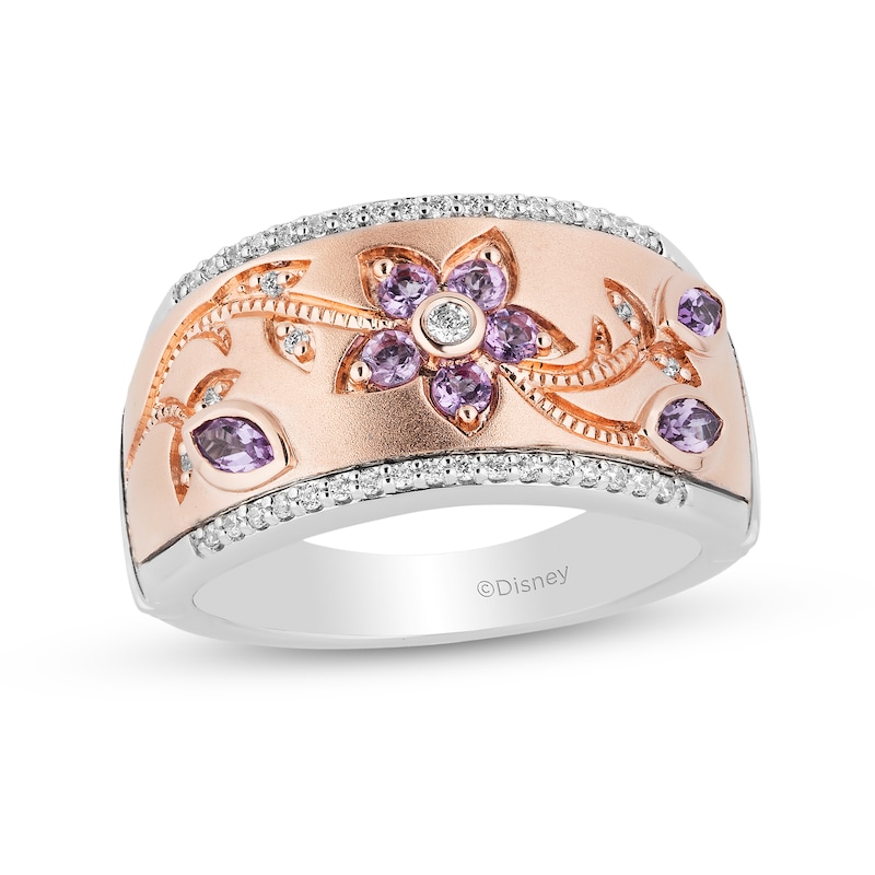 Main Image 1 of Enchanted Disney Rapunzel Pink Quartz and 1/8 CT. T.W. Diamond Floral Ring in Sterling Silver and 10K Rose Gold