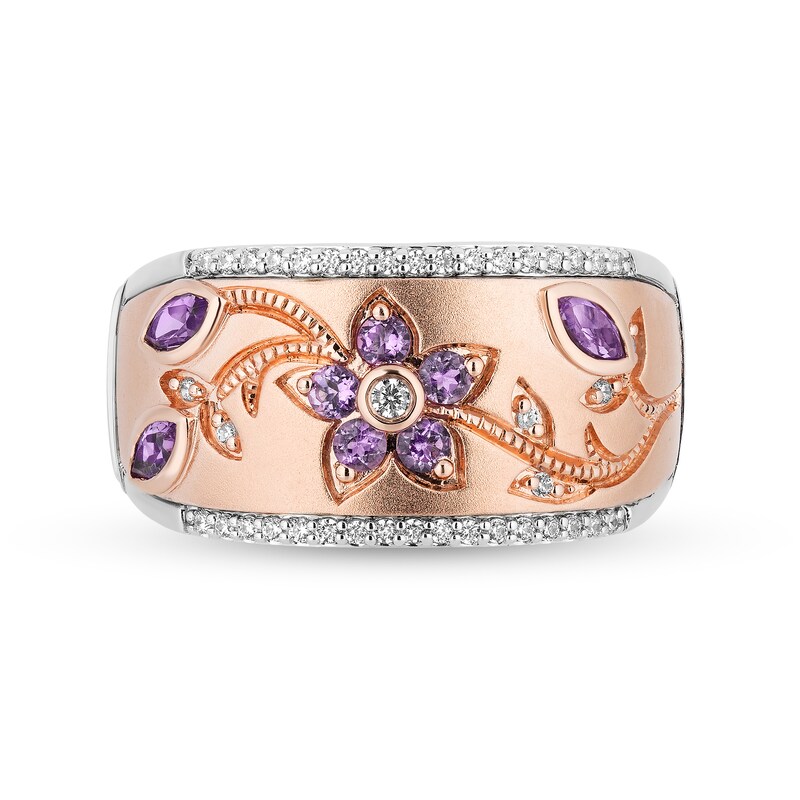 Main Image 4 of Enchanted Disney Rapunzel Pink Quartz and 1/8 CT. T.W. Diamond Floral Ring in Sterling Silver and 10K Rose Gold