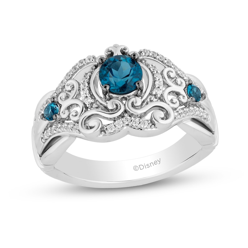 Main Image 1 of Enchanted Disney Cinderella 5.0mm London Blue Topaz and 1/6 CT. T.W. Diamond Filigree Carriage Ring in Sterling Silver