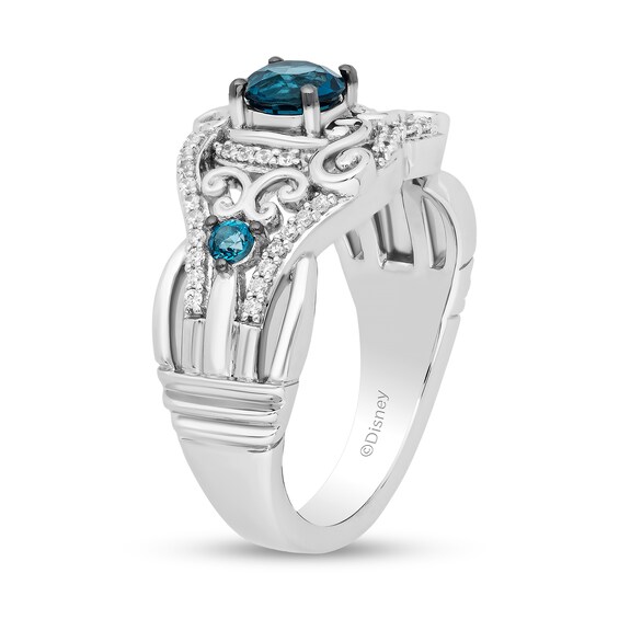 Enchanted Disney Cinderella 5.0mm London Blue Topaz and 1/6 CT. T.w. Diamond Filigree Carriage Ring in Sterling Silver