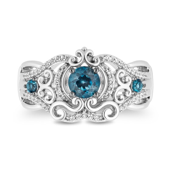 Enchanted Disney Cinderella 5.0mm London Blue Topaz and 1/6 CT. T.w. Diamond Filigree Carriage Ring in Sterling Silver