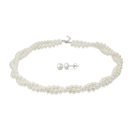 5.0-8.0mm Freshwater Cultured Pearl Double Strand Graduated Necklace and Earrings Set in Sterling Silver