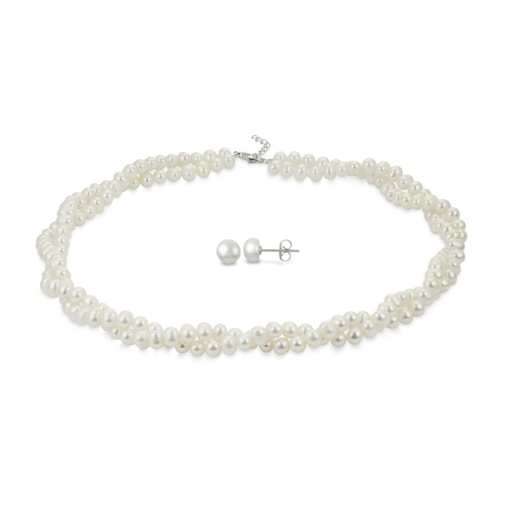 5.0-8.0mm Freshwater Cultured Pearl Double Strand Graduated Necklace and Earrings Set in Sterling Silver