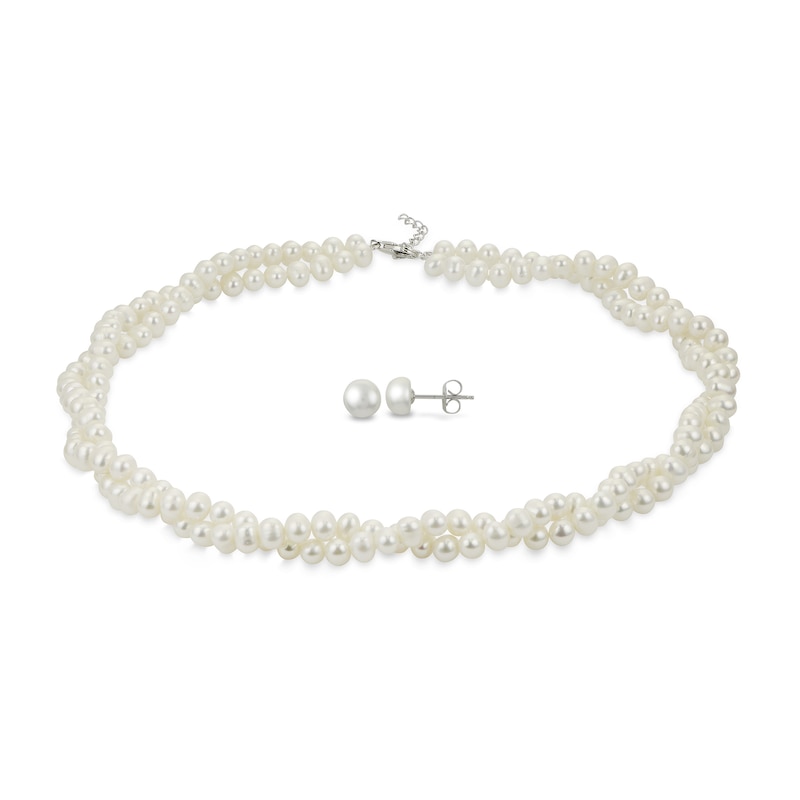 Main Image 1 of 5.0-8.0mm Freshwater Cultured Pearl Double Strand Graduated Necklace and Earrings Set in Sterling Silver