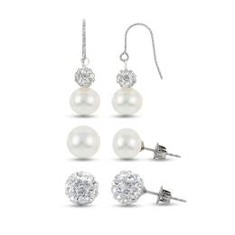 8.0-9.0mm Oval Freshwater Cultured Pearl Crystal Beaded Three Pair Earrings Set in Sterling Silver