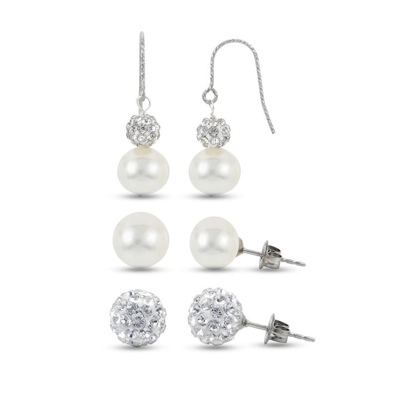 Main Image 1 of 8.0-9.0mm Oval Freshwater Cultured Pearl Crystal Beaded Three Pair Earrings Set in Sterling Silver